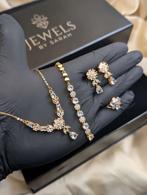 Royal V-Shape Floral Zircon 4-Piece Jewellery Set – Crystal & Pearl Drop Necklace Set (Available in 4 Colors)