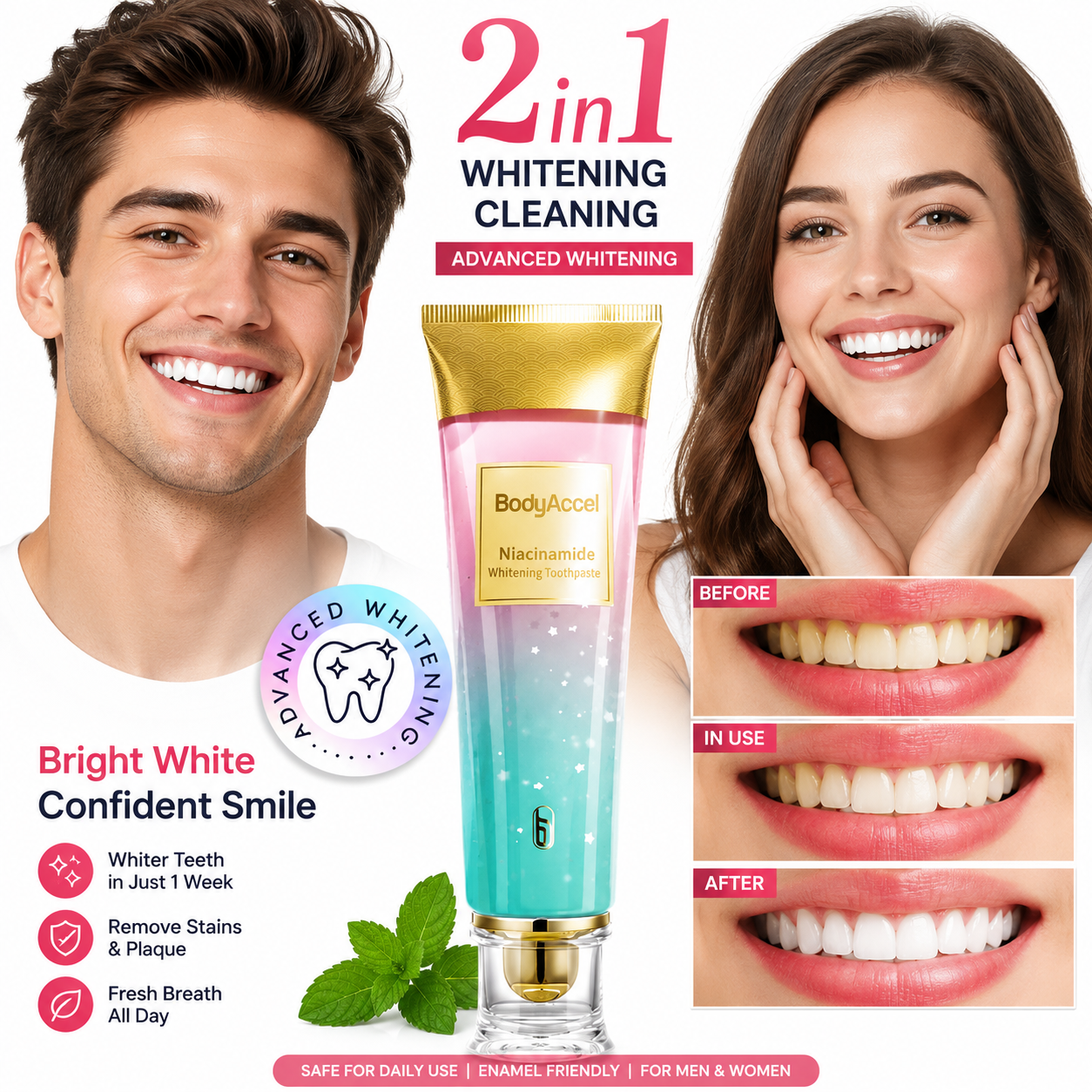 BodyAccel Niacinamide Whitening Toothpaste – Deep Cleaning & Fresh Breath Toothpaste for Brighter-Looking Teeth