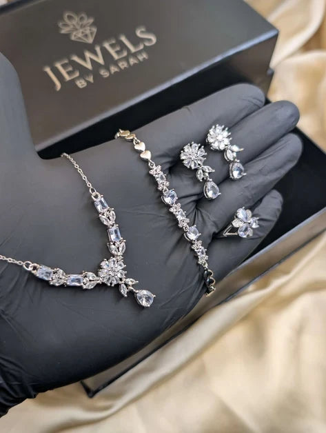 Royal V-Shape Floral Zircon 4-Piece Jewellery Set – Crystal & Pearl Drop Necklace Set (Available in 4 Colors)